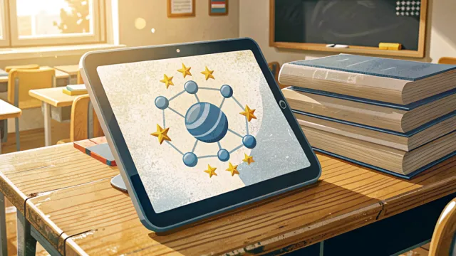 Tablet con icona IA e stelle UE su una scrivania da insegnante con libri chiusi