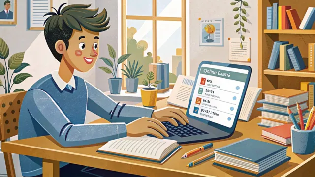 Studente adolescente davanti al laptop che consulta il calendario degli esami online