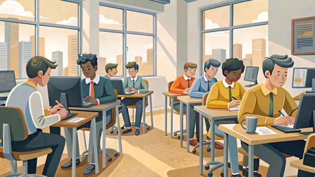 Giovani studenti seduti ai banchi di un'aula tecnica luminosa durante una prova di ammissione