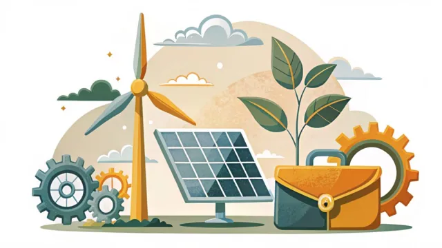 Illustrazione stilizzata di pannelli solari, turbina eolica e pianta che simboleggiano le nuove professioni della green economy
