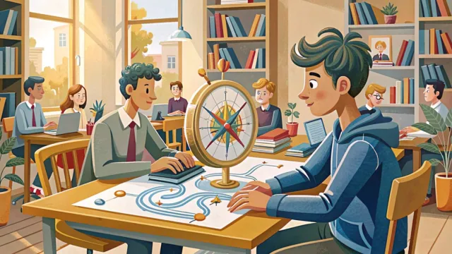 Studente che consulta una bussola stilizzata con percorsi formativi su un tavolo di scelta scolastica
