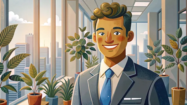 Giovane professionista sorridente in un corridoio di ufficio moderno con vista città