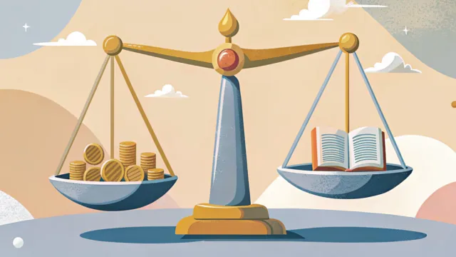Bilancia stilizzata con monete e libro a rappresentare costi e valore educativo