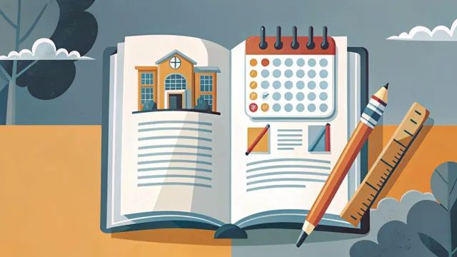 Illustrazione stilizzata di un documento ufficiale, un edificio scolastico e un calendario che simboleggiano le nuove Indicazioni Nazionali 2026 per la scuola