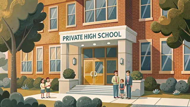 Facciata di una scuola privata con genitori e studenti all'ingresso, luce del mattino