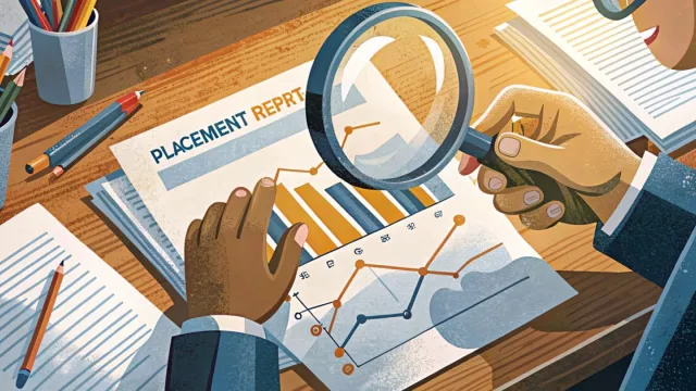 Mani con una lente d'ingrandimento sopra grafici di un report di placement su una scrivania in legno