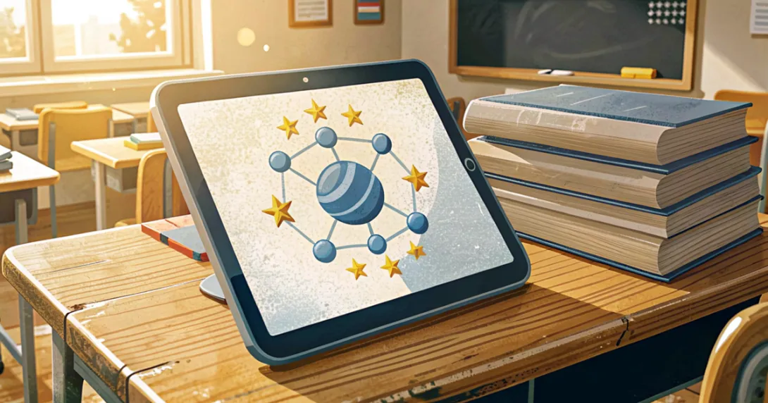 Tablet con icona IA e stelle UE su una scrivania da insegnante con libri chiusi