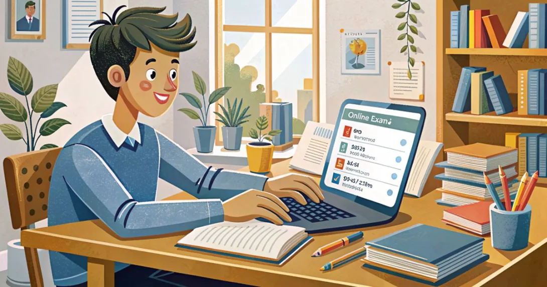 Studente adolescente davanti al laptop che consulta il calendario degli esami online