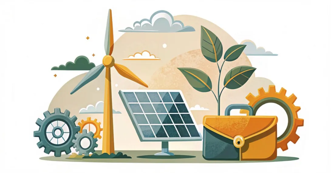 Illustrazione stilizzata di pannelli solari, turbina eolica e pianta che simboleggiano le nuove professioni della green economy