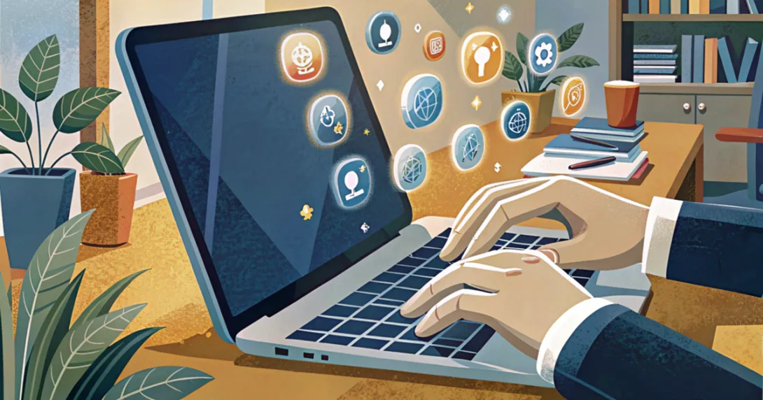 Mani che digitano su un laptop con icone luminose di competenze digitali in un ufficio moderno