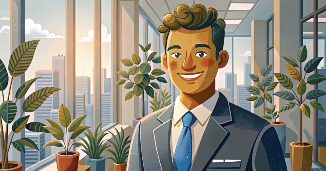 Giovane professionista sorridente in un corridoio di ufficio moderno con vista città