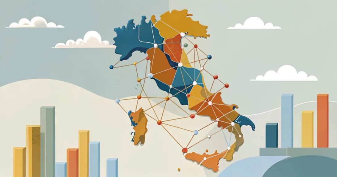 Mappa stilizzata dell'Italia con nodi e linee che collegano le regioni, illustrazione piatta
