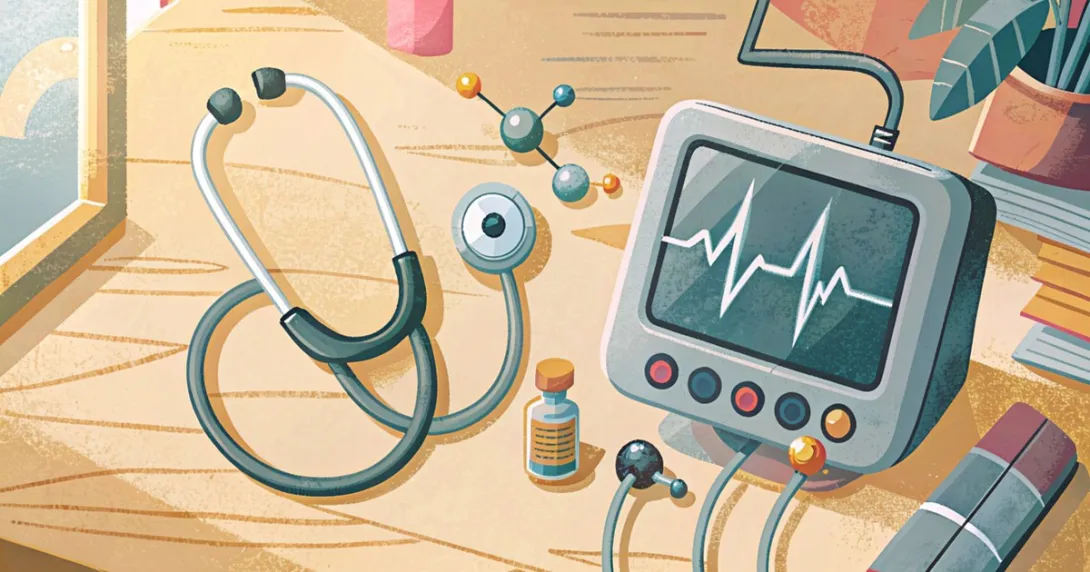 Stetoscopio e monitor con tracciato cardiaco su un tavolo di lavoro clinico, palette risografica