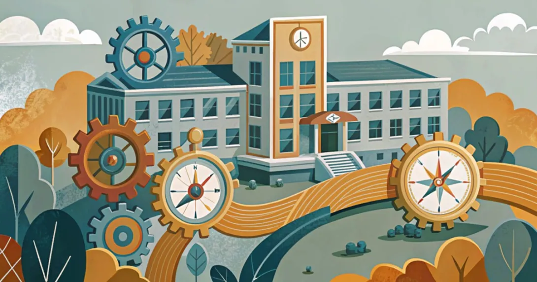 Illustrazione stilizzata di un edificio scolastico tecnico con ingranaggi e un percorso che si divide in due rami, a simboleggiare la riforma degli istituti tecnici 2026/27