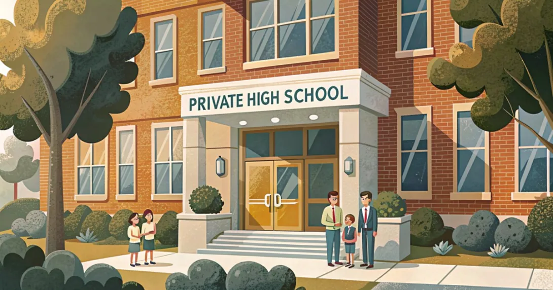 Facciata di una scuola privata con genitori e studenti all'ingresso, luce del mattino