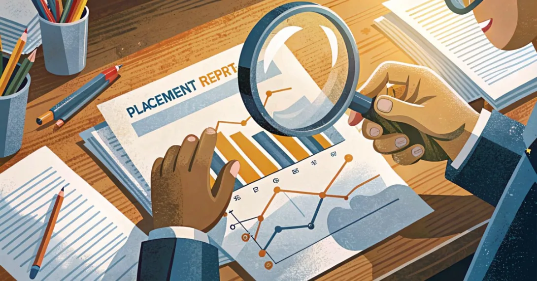 Mani con una lente d'ingrandimento sopra grafici di un report di placement su una scrivania in legno