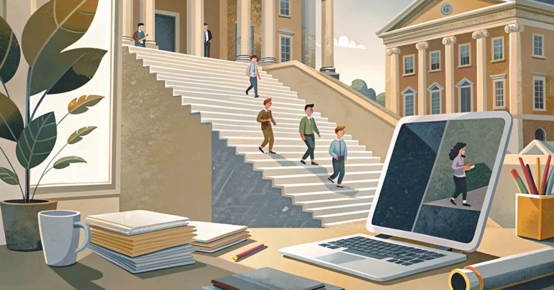 Scala geometrica che da un laptop sale verso un ateneo con colonne, figure in salita